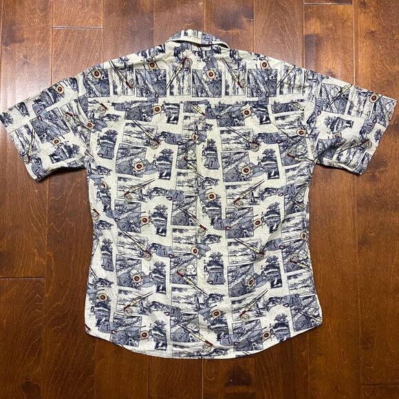 Natural Issue Vintage Fishing AOP Cream Navy Button Front Shirt Men's Size Large - Picture 5 of 9